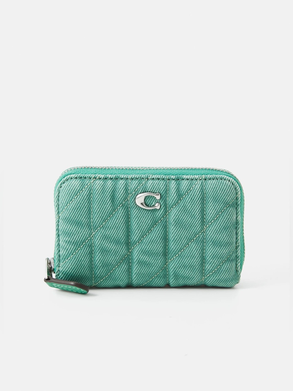 COACH Essential Small Zip Around Card Case Quilted Denim In Green